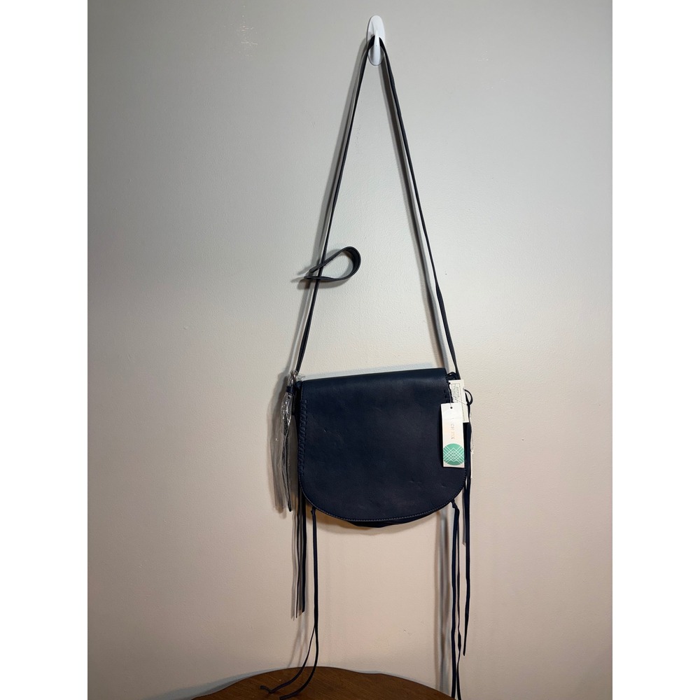 Urban Expressions Ellison Saddle Crossbody Bag Navy Blue Fringe Whipstitch NEW